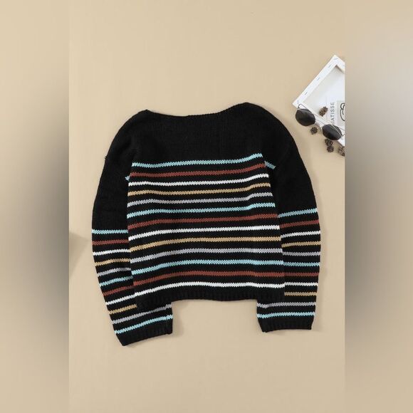 Lattes and Leaves Black Rainbow Stripe Pattern Sweater - Picture 4 of 10
